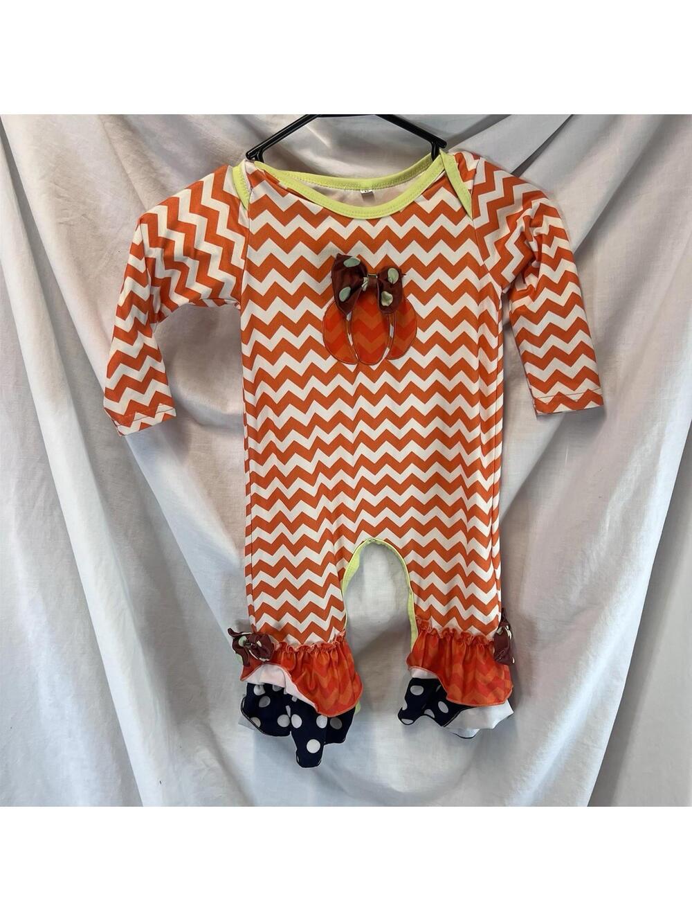 Orange And WhiteChevron One Piece Outfit Ruffles XS/ 4T EUC Adorable